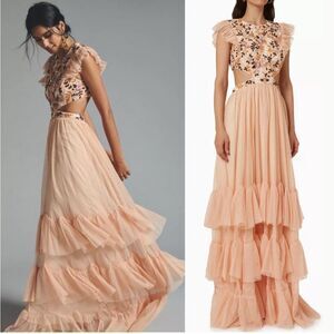 Mac Duggal Floral Embroidered Tulle Gown Sz 6 Peach Pink Tiered Maxi Dress